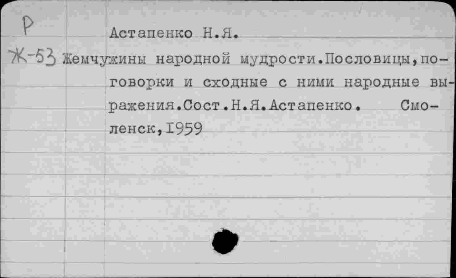 ﻿Астапенко Н.Я.
Жемчужины народной мудрости.Пословицы,поговорки и сходные с ними народные вы ражения.Сост.Н.Я.Астапенко. Смоленск, 1959